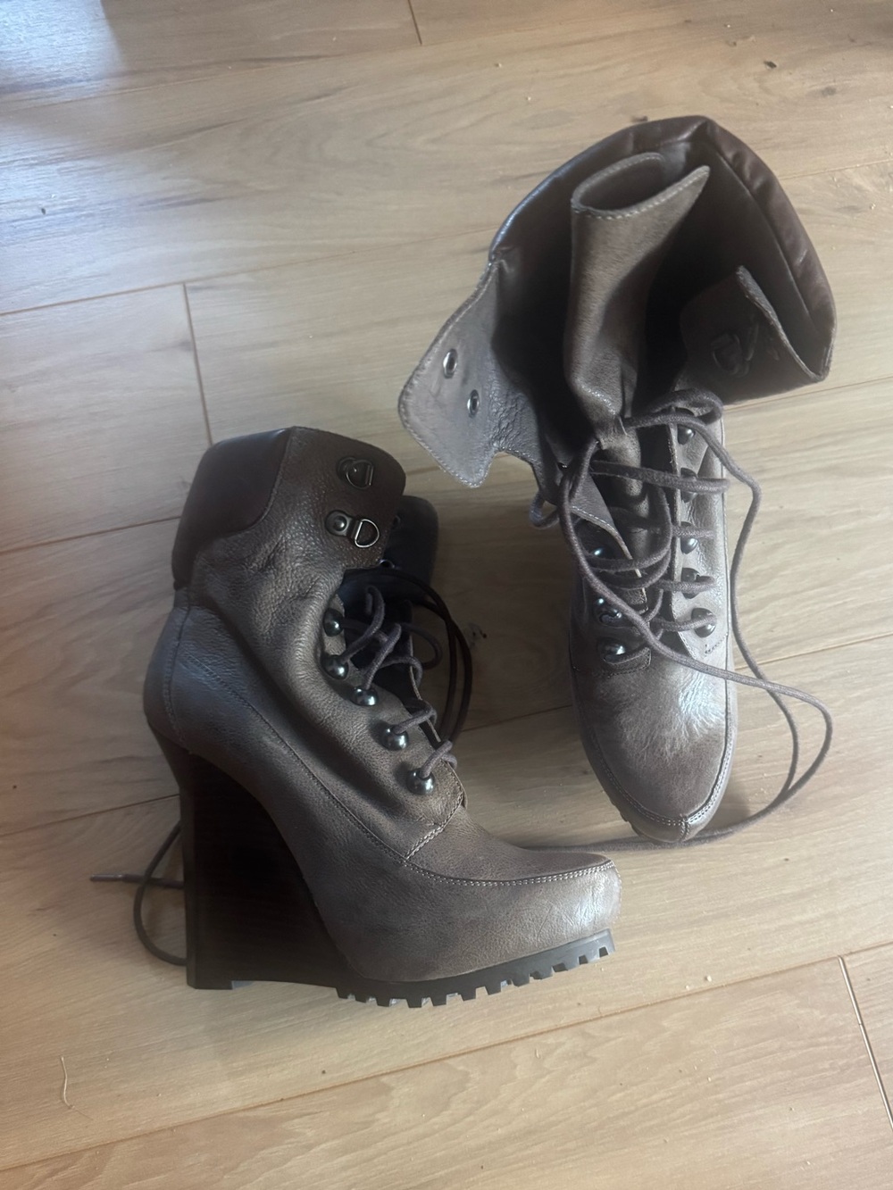 Leather Lace-Up Wedge Ankle Boots in Brown